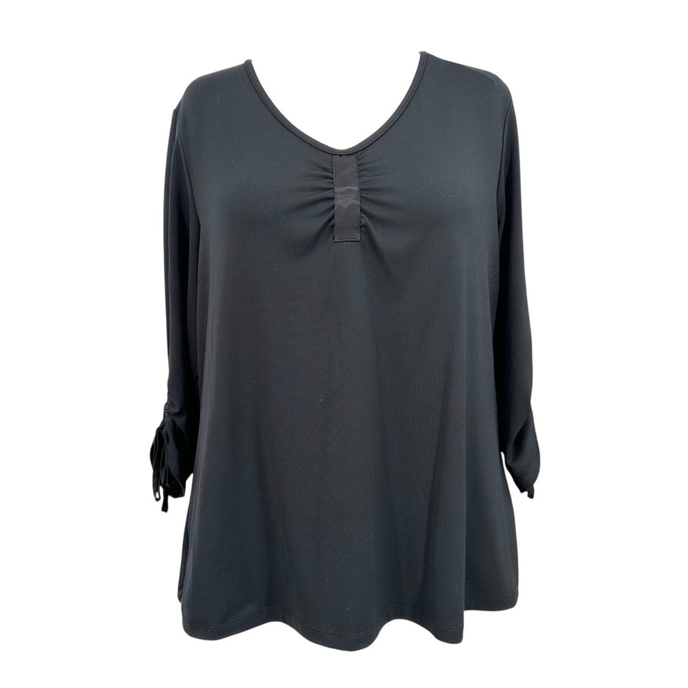 LANE BRYANT Gathered Blouse Black Scoop Neck 3/4 Ruched Tie Sleeve Women's 18/20